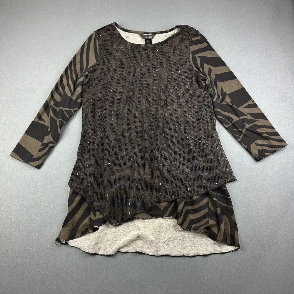 Ali Miles Tunic Top Womens M Black Brown Layered Sequin Asymmetrical Blouse